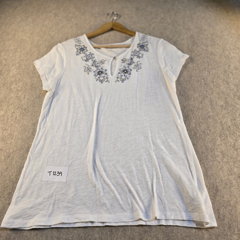 Eddie Bauer Womens L White Cotton Slub‎ Embroidered Keyhole Neck T-Shirt Top